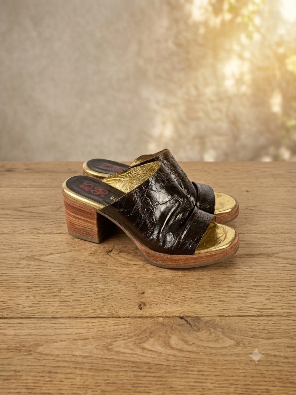 A.S.98 Black Leather Slide Mules with Gold Insole